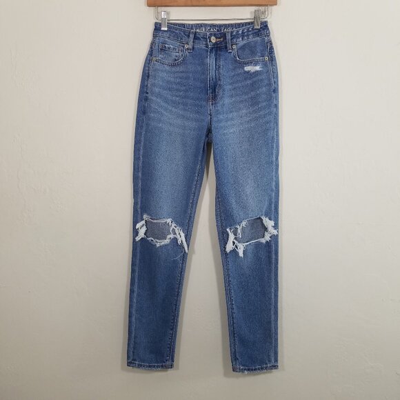 American Eagle Mom Jeans High Rise Distressed Jeans Blue Size 00 - Picture 1 of 7